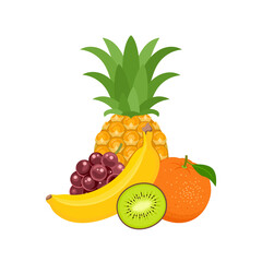 Wall Mural - Pile of tropical fruit isolated on white. Food icon. Vector simple flat illustration of pineapple, banana, grape and orange citrus fruit.