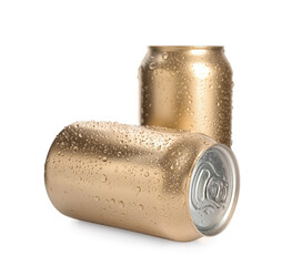 Aluminium cans of beverage on white background