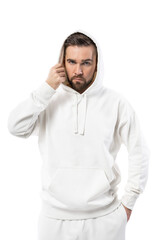 Canvas Print - Handsome man wearing blank white hoodie on white background