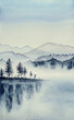 Mountains trees and water in fog landscape monochrome morning