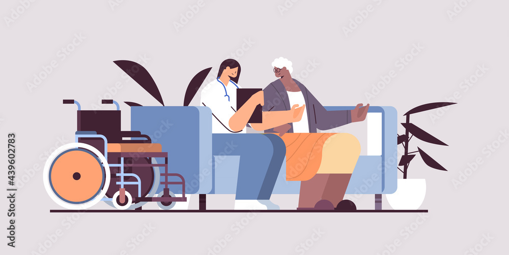 friendly nurse or volunteer supporting elderly woman home care services healthcare and social support - obrazy, fototapety, plakaty 