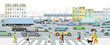 Autos auf der Strassenkreuzung im Verkehrsstau in einer Großstadt mit Metro vor Gebäuden, Illustration