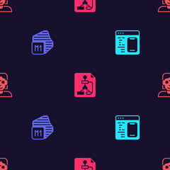 Set Software, Processor, Flowchart and Hacker coder on seamless pattern. Vector