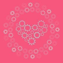 Round Yellow Frame Made Of Suns With Blue Green Heart Shaped Ornament Inside It, On A Bright Pink Backdrop. Can Be Used For T-shirt Prints, Cards, Posters, Banners. Vector, Eps 10.