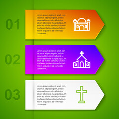 Set line Muslim Mosque, Church building and Christian cross. Business infographic template. Vector