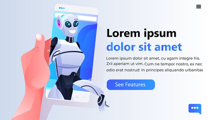 Poster - human hand using smartphone with female robotic person on screen online communication artificial intelligence
