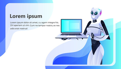 Poster - female robotic person using laptop artificial intelligence technology concept portrait horizontal