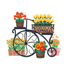 Garden Bike With Yellow Flowers In Pots. Hand Drawn Watercolor Illustration. A Metal Object For Decorative Landscaping. Isolated On A White Background.