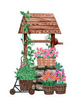 A Rustic Well Decorated With Pink Flowers. Garden Wooden Pots And Bicycle Planters With Greenery. Hand Drawn Watercolor Illustration. Isolated On A White Background.