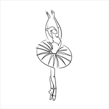 Ballerina In Tutu And Pointe Shoes.Ballet Dancer Silhouette. Realistic Ballerina, Beautiful Woman Against White Background. Ballet Banner. Line Illustration.