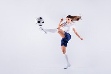 Sticker - Full length body size view of nice attractive lovely crazy slim sportive cheerful strong straight-haired girl jumping playing kicking ball isolated on light white gray pastel color background