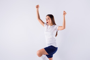 Sticker - Portrait of her she nice-looking attractive lovely pretty worried addicted straight-haired girl raising hands up supporting having fun isolated on light white gray pastel color background