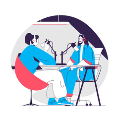 Aufkleber - Podcast web concept. Women talking and recording audio podcast at studio. Live broadcasting people scene. Flat characters design for website. Vector illustration for social media promotional materials