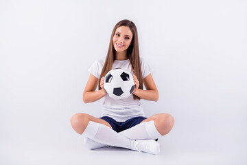 Sticker - Portrait of her she nice attractive lovely sweet cute content cheerful straight-haired girl sitting in lotus pose position holding in hand ball isolated on light white gray pastel color background