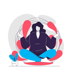 Poster - Yoga web concept. Woman sitting in lotus position, calmness meditating. People practicing asana scene. Flat characters design for website. Vector illustration for social media promotional materials