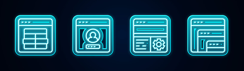 Set line MySQL code, Create account screen, Debugging and Software. Glowing neon icon. Vector