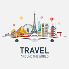 Airplane And Time To Travel Banner. Travel Around The World. Buildings And Landmarks On Plane. Vector Illustration In Flat Style Modern Design. Isolated On White Background.