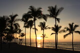 Fototapeta  - ハワイ島（ビッグアイランド）。オレンジに染まる夕暮れの空と海。ヤシの木の間に沈む夕日。