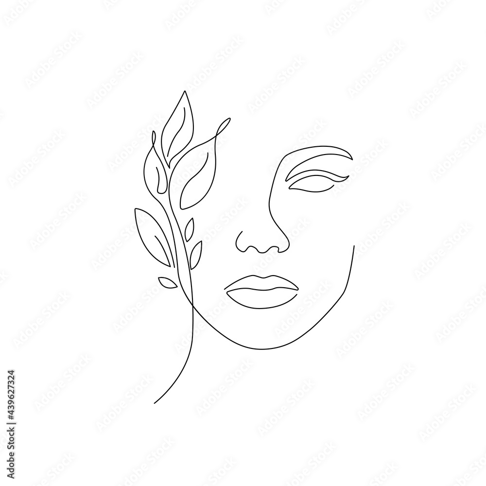 Woman Face with Flowers Line Art Drawing. Continuous One Line Drawing ...