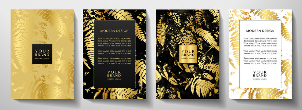 Tropical cover design set with golden leaf (tree branch) print on background. Holiday black and gold exotic pattern for vector wedding card, luxury menu template, summer holiday poster