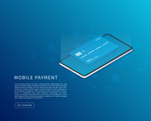 Poster - Mobile payment concept in flat isometric vector illustration. Online banking application with smartphone and credit card. Vector illustration.