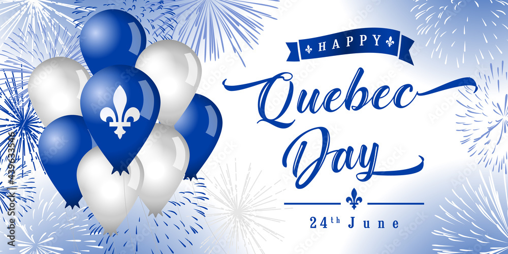 Happy Quebec Day creative greetings. Isolated abstract graphic design template. Quebec's National Holiday congrats concept. St. Jean-Baptiste Day. 3D decorative elements and country vintage typescript - obrazy, fototapety, plakaty 