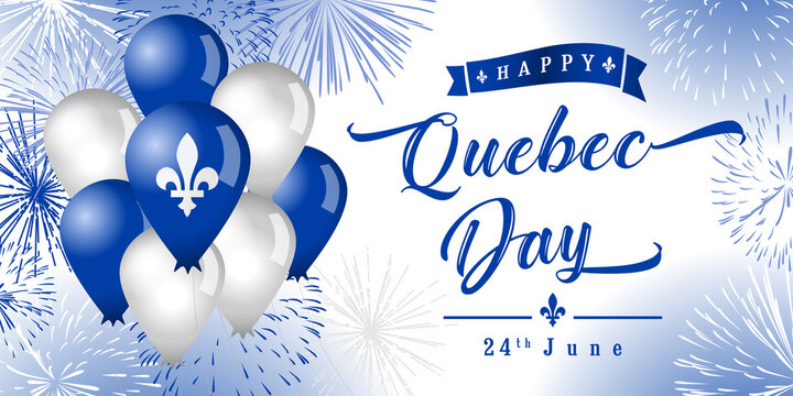 Happy Quebec Day creative greetings. Isolated abstract graphic design template. Quebec's National Holiday congrats concept. St. Jean-Baptiste Day. 3D decorative elements and country vintage typescript