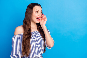 Sticker - Photo portrait woman looking blank space excited shouting news isolated vibrant blue color background