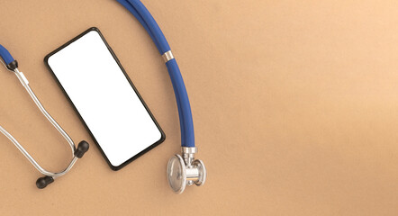 Poster - Mobile phone mock up with stethoscope. Template with white screen of smartphone at desk for medical application.