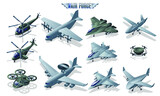 Military Aviation Air Force Set collection, transport and reconnaissance aircraft, fighters and attack aircraft, helicopters and combat drones isometric icons on isolated background