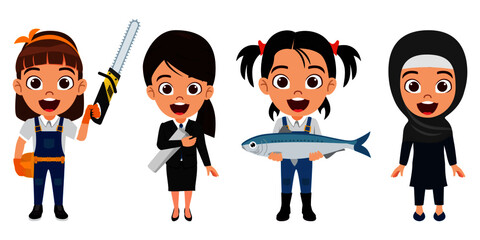 Happy kid girl fisherman carpenter engineer businesswoman characters standing and waving