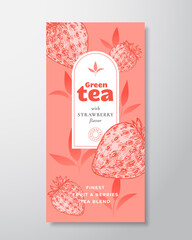 Wall Mural - Fruit and Berries Tea Label Template. Abstract Vector Packaging Design Layout with Realistic Shadows. Hand Drawn Strawberry and Leaves Decor Silhouettes Background. Isolated