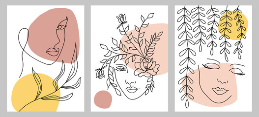 Wall Mural - Set of creative hand painted one line abstract shapes. Minimalistic vector woman portrait, leaves, branches. For postcard, poster, placard, brochure, cover design, web.