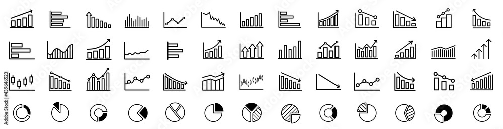 Growing bar graph icon set. Business graphs and charts icons. Statistics and analytics vector icon. Statistic and data, charts diagrams, money, down or up arrow. Vector illustration. - obrazy, fototapety, plakaty 