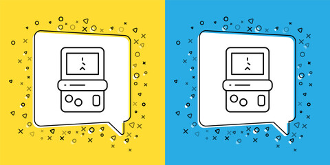 Poster - Set line Portable tetris electronic game icon isolated on yellow and blue background. Vintage style pocket brick game. Interactive playing device. Vector
