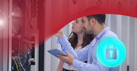 Poster - Security padlock icon over man and woman checking computer server against red technology background