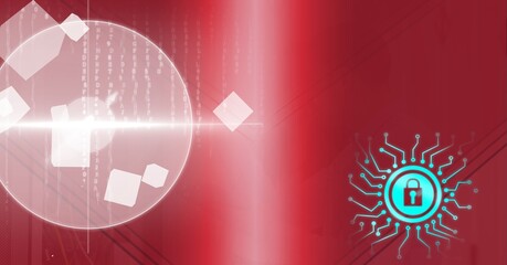 Poster - Security padlock icon over abstract shapes against red technology background