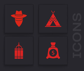 Poster - Set Money bag, Cowboy, Indian teepee or wigwam and Dynamite bomb icon. Vector