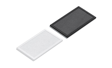 blank black and white rectangle embroidered patch mockup, side view