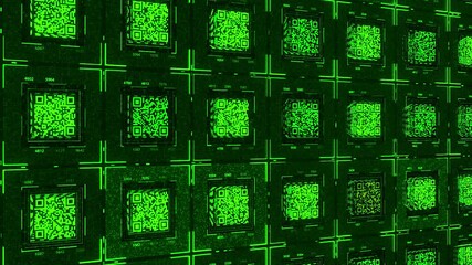 Aufkleber - Database with Qr codes. Animation. Electronic space with lots of green Qr codes. Qr codes with information data inside matrix
