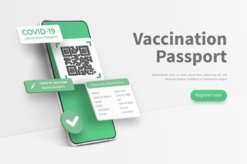 COVID-19 passport app. Vaccination passport app interface. Electronic COVID-19 immunity passport. New normal after coronavirus pandemic. Concept sample of vaccination passport