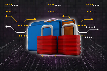 Yellow folder and lock. Data security concept. 3D rendering