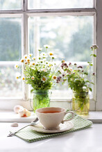 Cup Of Tea With Flowers On Window Sill 