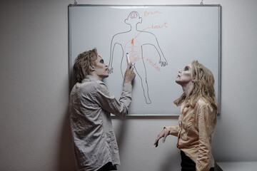 Wall Mural - Two zombies discussing drwing of human body parts by white wall