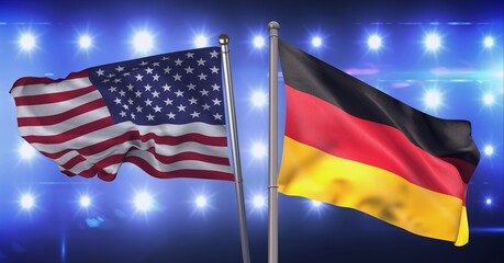 Wall Mural - Composition of billowing american flag and german flag against wall of spotlights