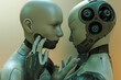 © Don Smith/Stocksy - Two female robots share an intimate moment and touch face with fingers