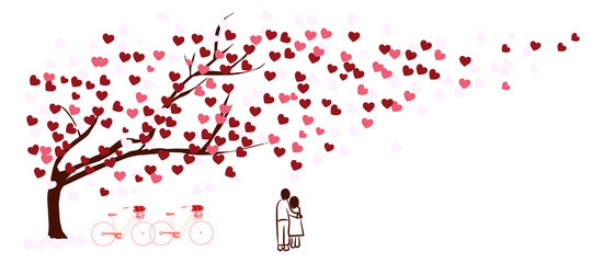 Tree of love. Red heart leaves waver sway. Two bicycles and a doodle couple stand together under a tree. Illustration abstract background flat design. On isolated white background. Vector EPS10.