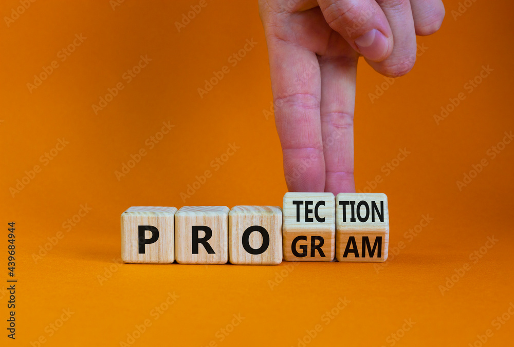 Program Protection Images Protection program symbol. Businessman turns wooden cubes and changes ...