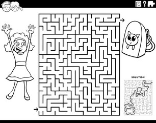 maze game with cartoon girl and backpack coloring book page