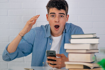 Sticker - surprised student looking at the mobile phone on the desk